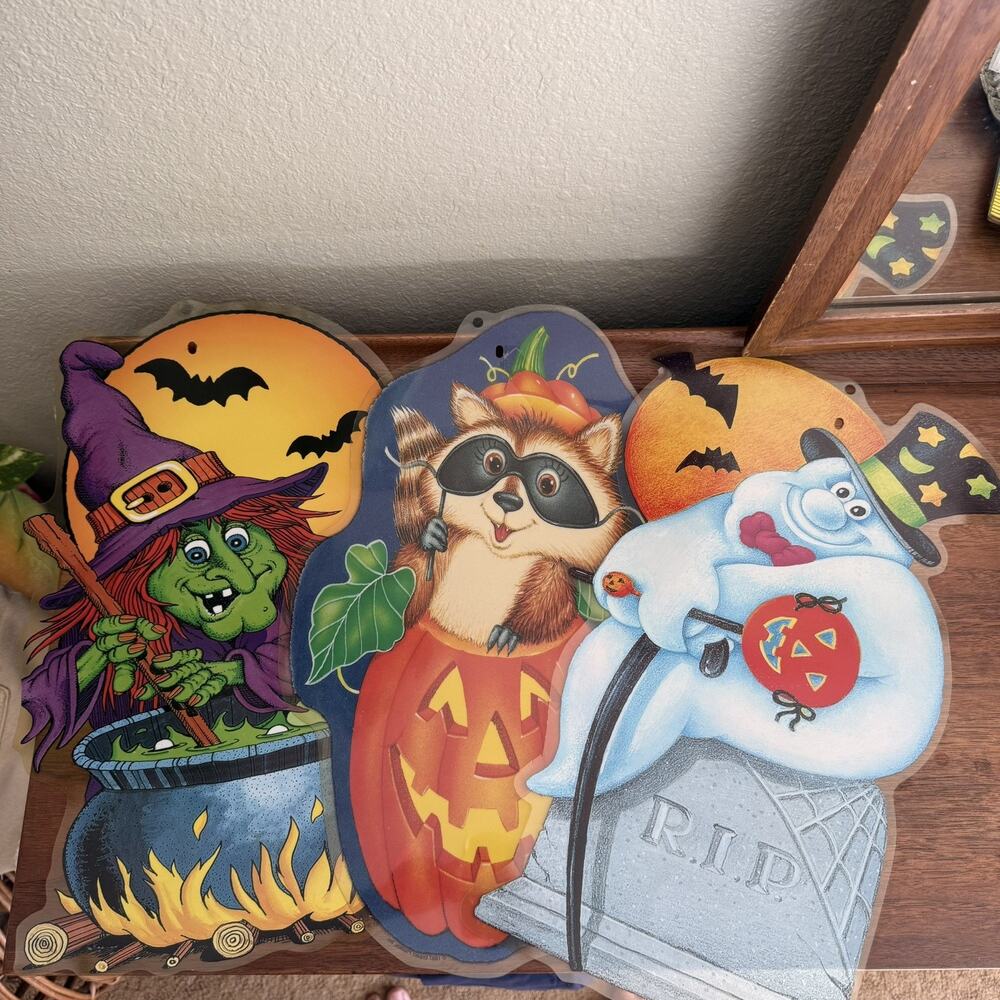 Vintage Die Cut Halloween Lot of 3 Witch Black Cats Pumpkin Owl Wall Hanging